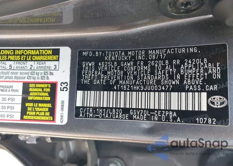 2018 Toyota Camry Xse V6 z USA, uszkodzony, nr VIN 4T1BZ1HK9JU003477